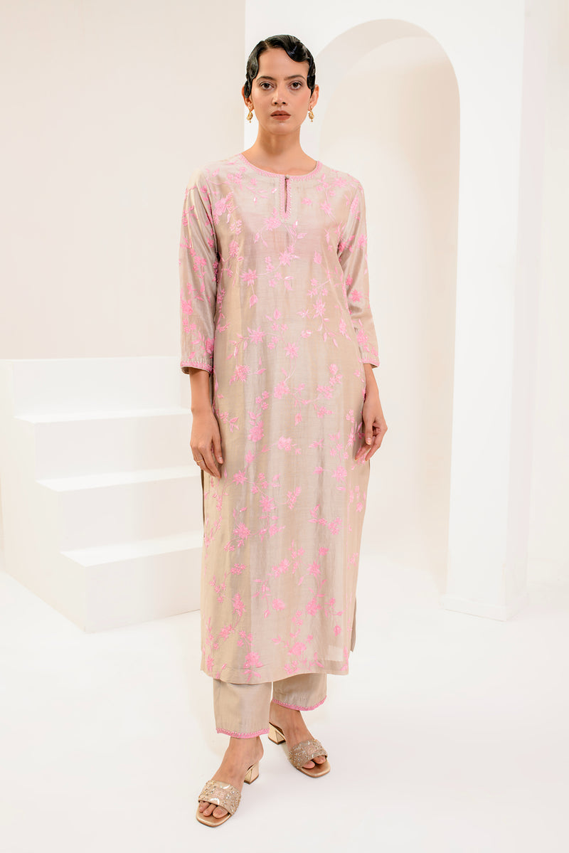 Grey and pink aari Chanderi silk kurta set