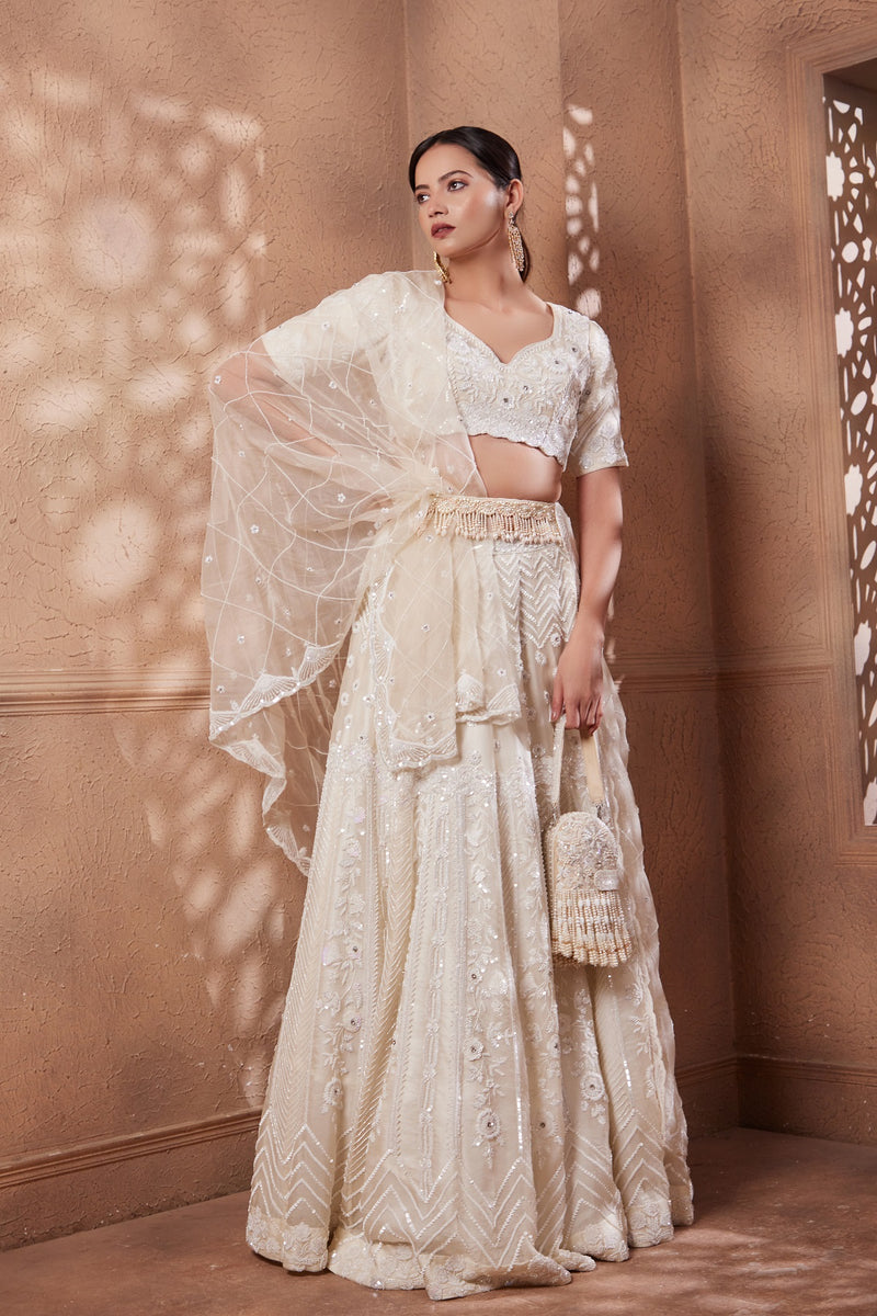 Heavily Embroidered Ivory Bead Work Sitara Lehenga